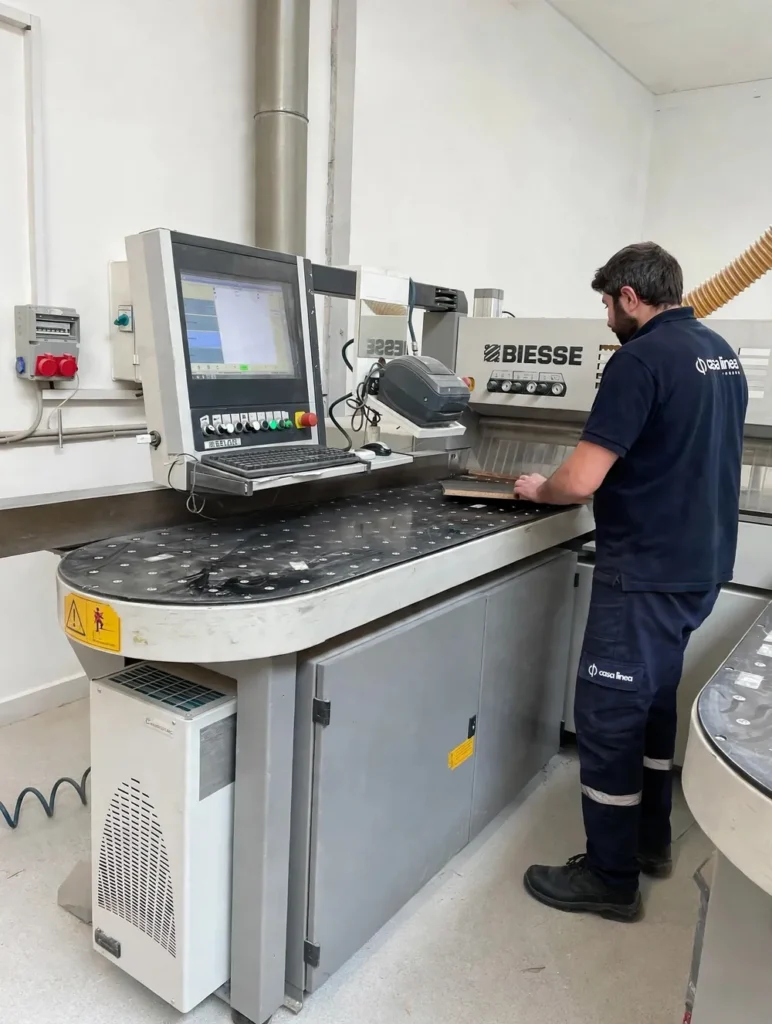 Medarbejder fra casa linea betjener CNC pladesav fra Biesse på egen fabrik